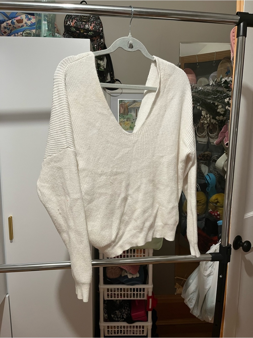 Cream V-Neck Rib Sleeve Women's Sweater
